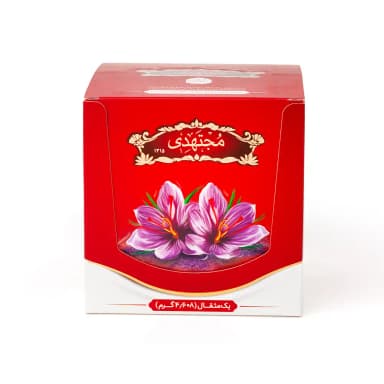 پک ۲۰ عددی زعفران پاکتی 1 مثقالی مجتهدی، نمای روبه‌روی جعبه