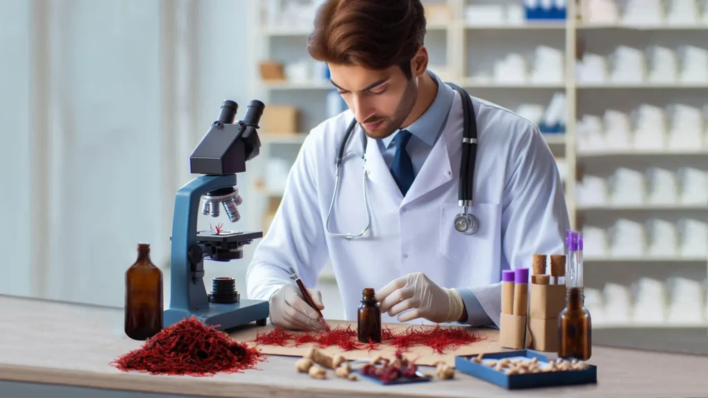 فرد با لباس آزمایشگاهی سفید و گردن‌آویز استتوسکوپ است درحال بررسی نمونه‌های زعفران با میکروسکوپ
